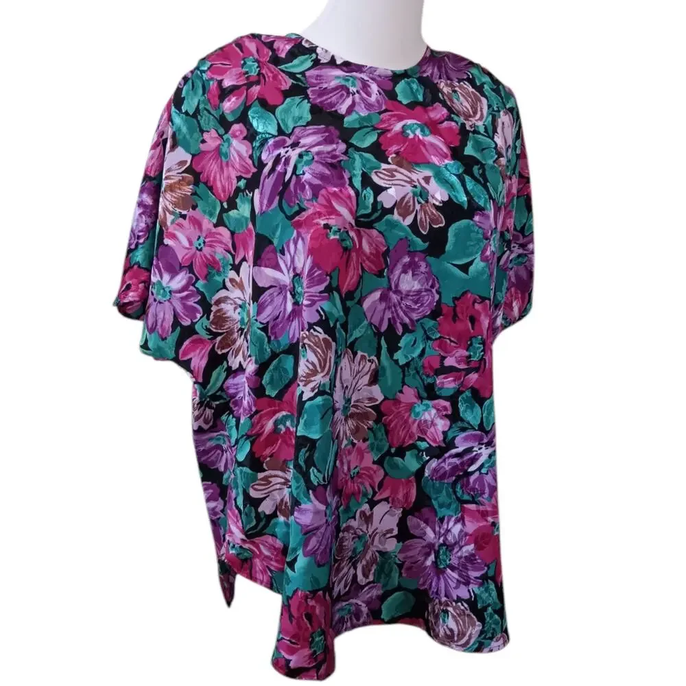 VINTAGE 80s 90s Blouse Top 18W‎ Shiny Floral Bright Colorful Office Career Event